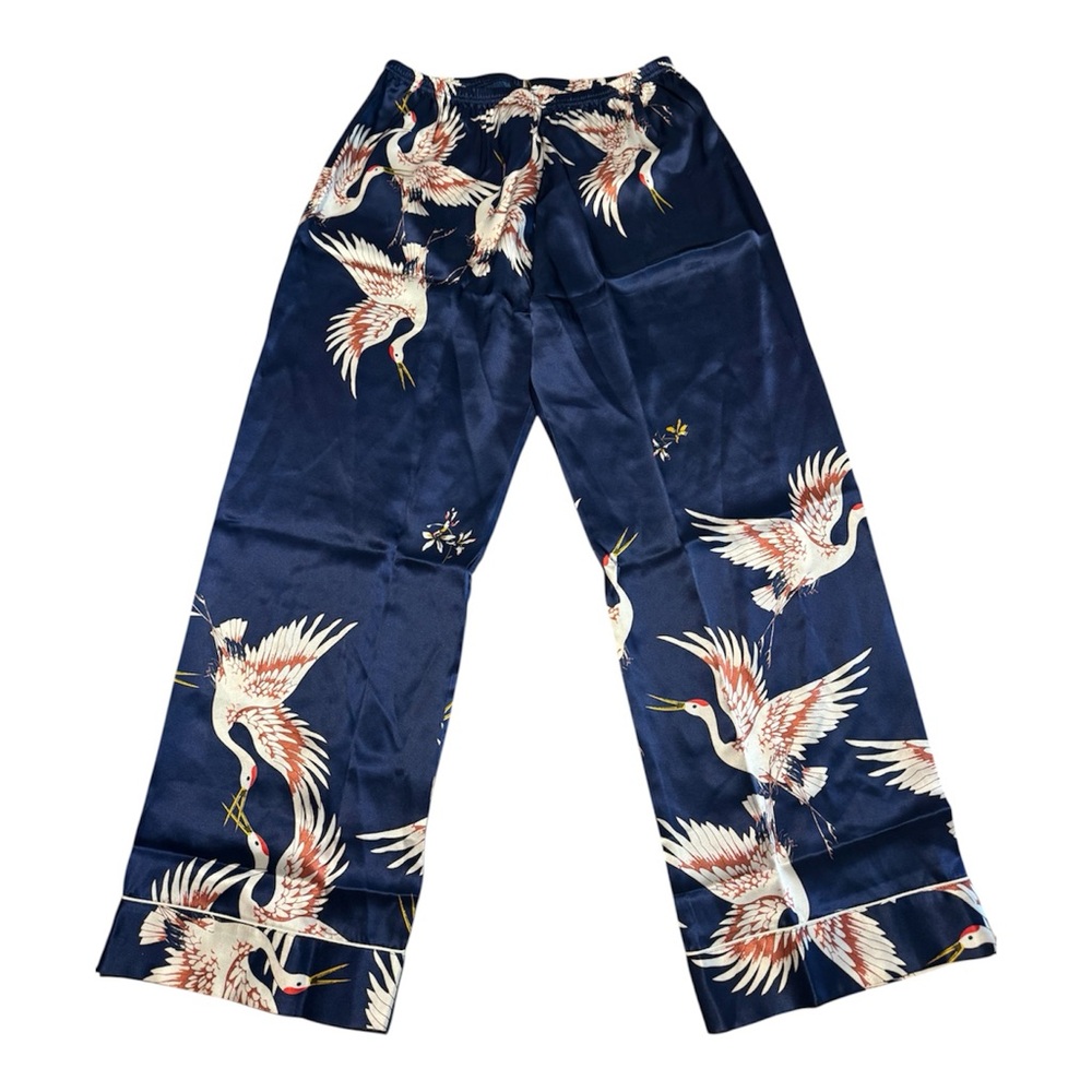 SILK SILKY Navy Silk Crane Print Pajama Set Long Sleeve Shirt Pants Size XL NWT - Picture 7 of 10